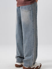 Men's Washed Aged Side Stripe Loose Jeans