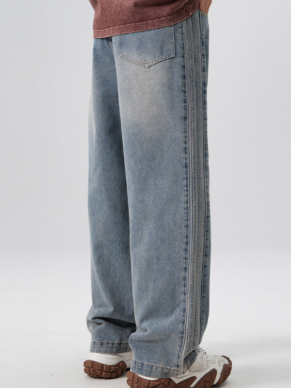 Men's Washed Aged Side Stripe Loose Jeans