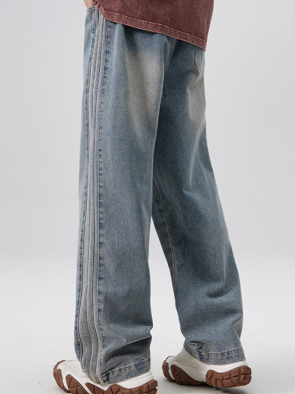 Men's Washed Aged Side Stripe Loose Jeans