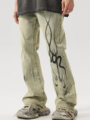 Men's Flame Print Loose Jeans