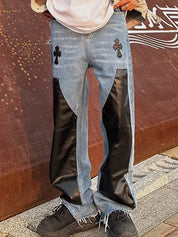Men's Patchwork PU Leather Cross Loose Jeans