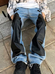 Men's Patchwork PU Leather Cross Loose Jeans