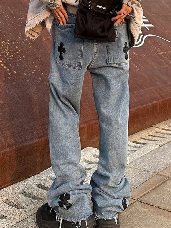 Men's Patchwork PU Leather Cross Loose Jeans