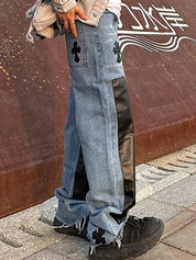 Men's Patchwork PU Leather Cross Loose Jeans