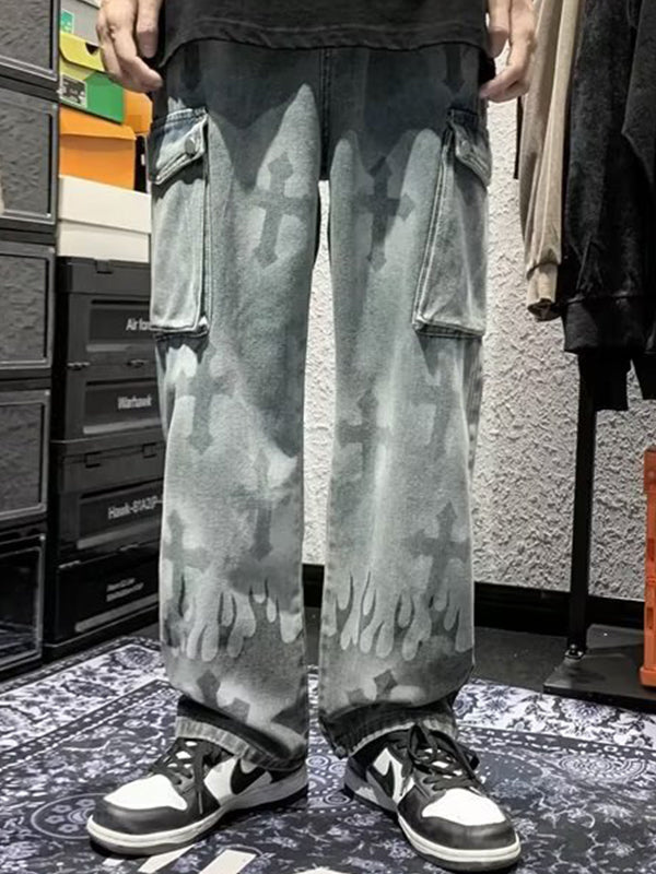 Men's Flaming Cross Inked Loose Jeans