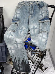 Men's Flaming Cross Inked Loose Jeans