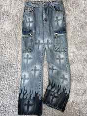 Men's Flaming Cross Inked Loose Jeans