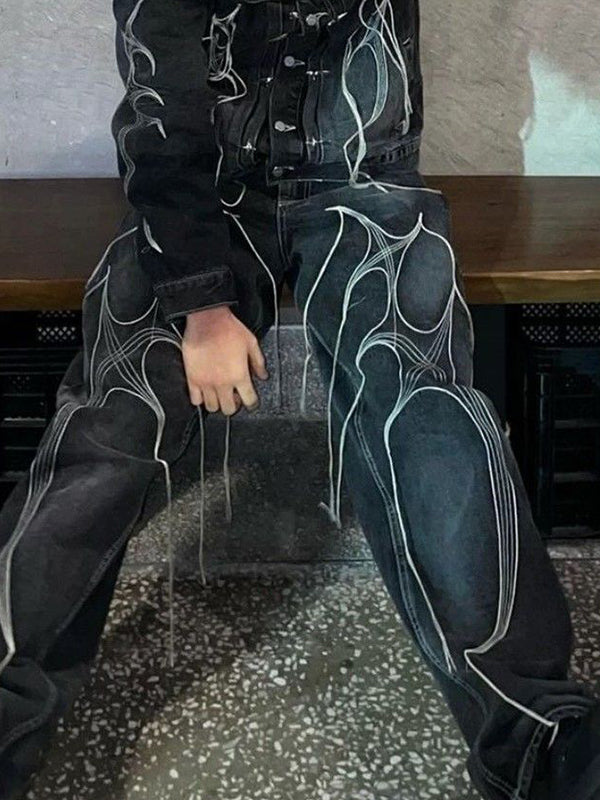 Men's Fringe Print Loose Jeans