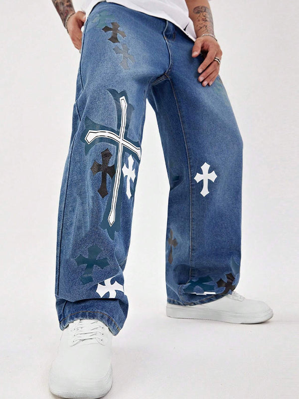 Men's Clashing Cross Print Loose Jeans