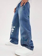 Men's Clashing Cross Print Loose Jeans
