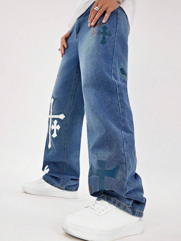 Men's Clashing Cross Print Loose Jeans