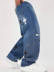 Men's Clashing Cross Print Loose Jeans