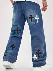 Men's Clashing Cross Print Loose Jeans