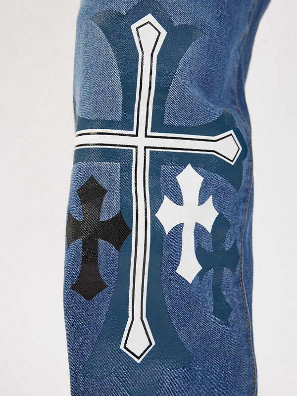 Men's Clashing Cross Print Loose Jeans