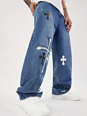 Men's Clashing Cross Print Loose Jeans