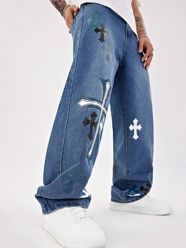 Men's Clashing Cross Print Loose Jeans