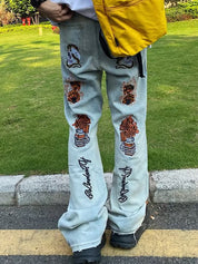 Men's Embroidered Print Loose Jeans