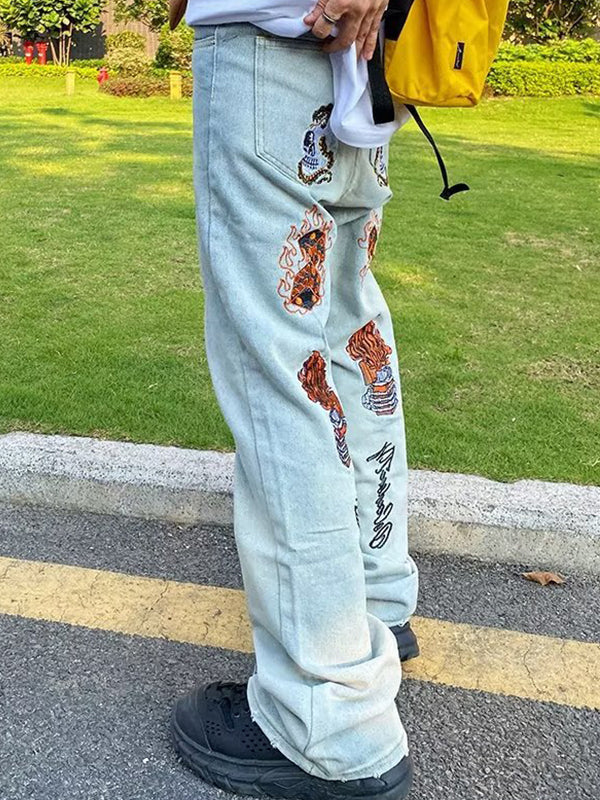Men's Embroidered Print Loose Jeans