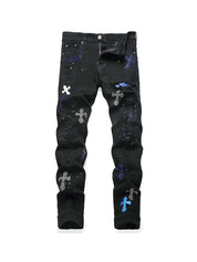 Men's Cross Badge Rhinestone Raglan Loose Jeans