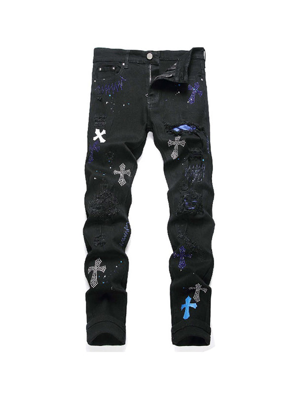 Men's Cross Badge Rhinestone Raglan Loose Jeans