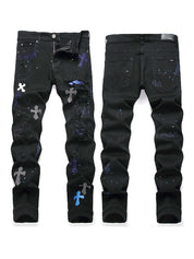Men's Cross Badge Rhinestone Raglan Loose Jeans