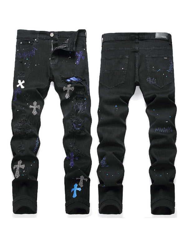 Men's Cross Badge Rhinestone Raglan Loose Jeans