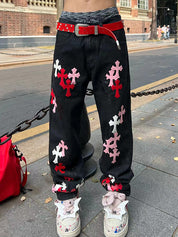 Men's Cross Patch Leather Loose Jeans