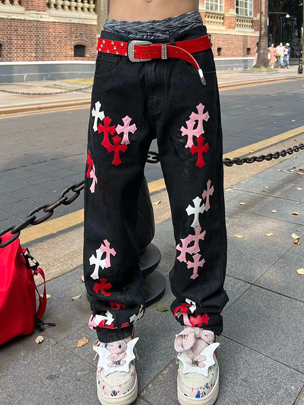 Men's Cross Patch Leather Loose Jeans