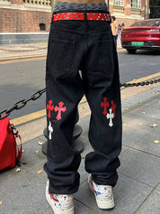 Men's Cross Patch Leather Loose Jeans