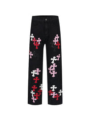 Men's Cross Patch Leather Loose Jeans