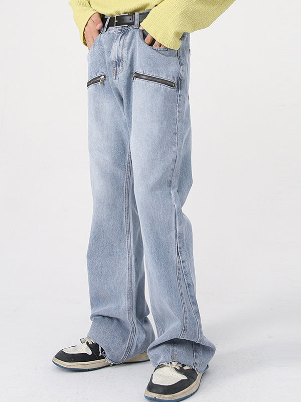 Men's Washed and Aged Micro Zip Loose Jeans
