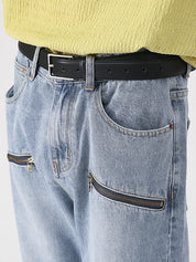 Men's Washed and Aged Micro Zip Loose Jeans