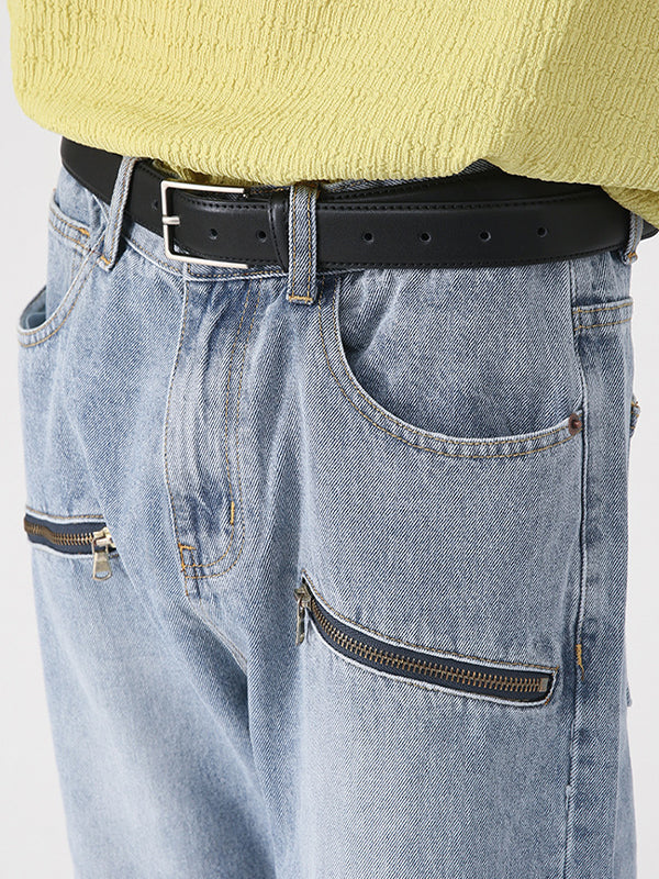 Men's Washed and Aged Micro Zip Loose Jeans
