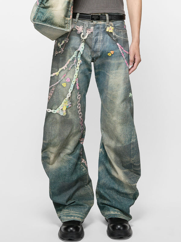 Men's Chain Print Loose Jeans