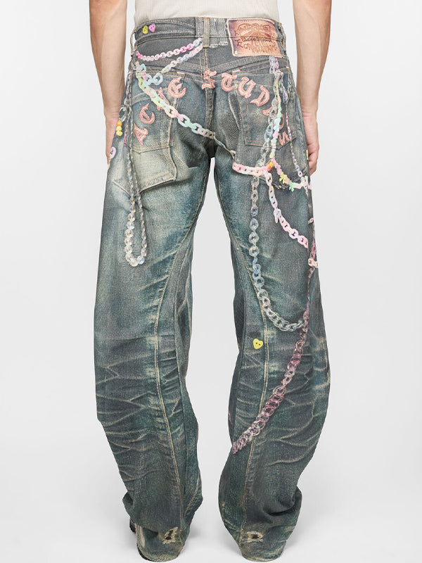 Men's Chain Print Loose Jeans