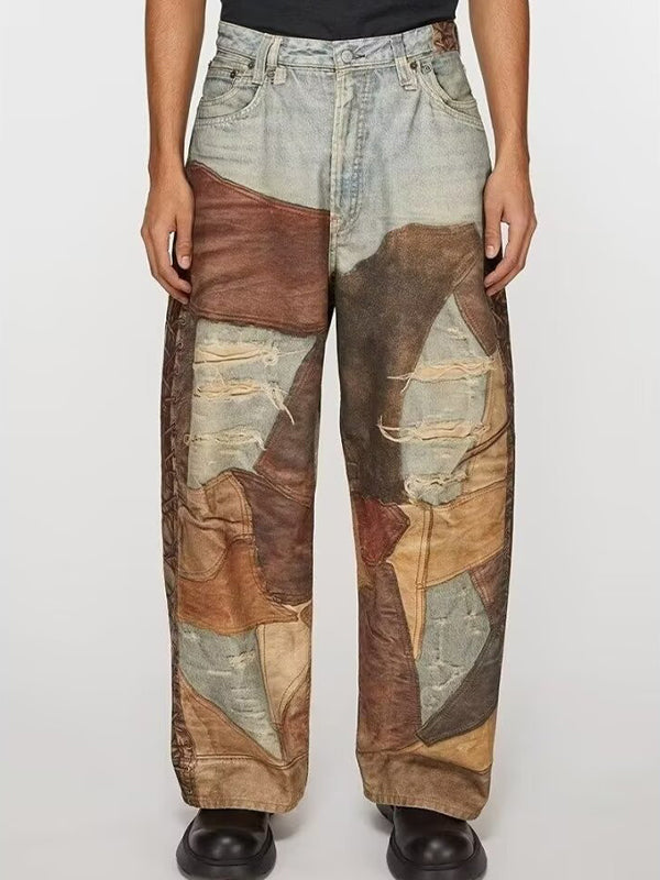 Men's Patchwork Print Loose Jeans