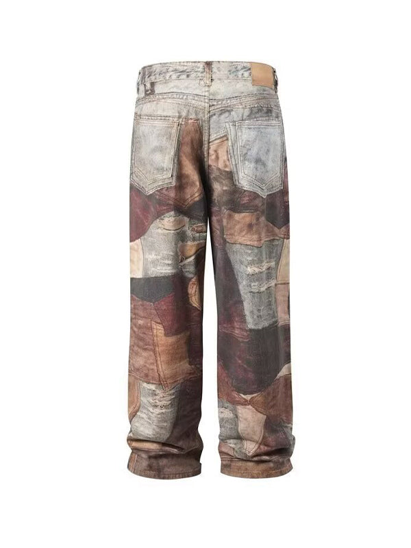 Men's Patchwork Print Loose Jeans