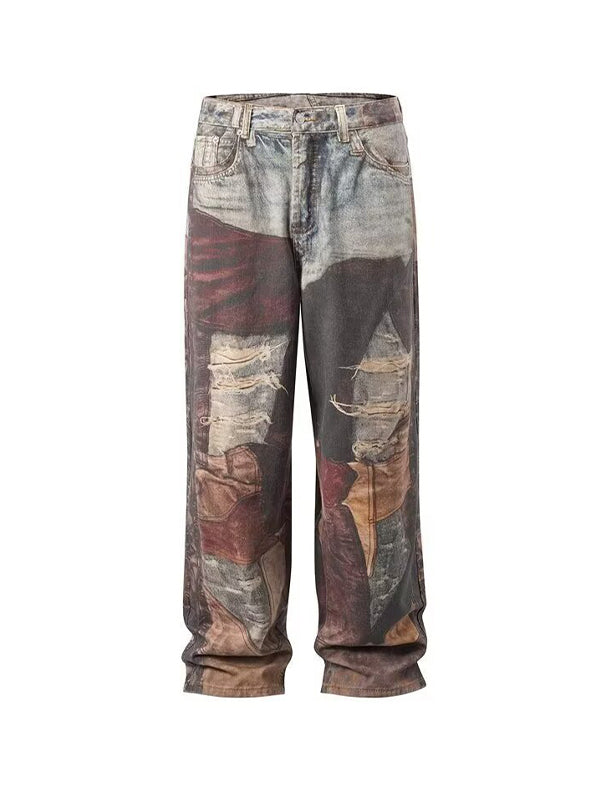 Men's Patchwork Print Loose Jeans