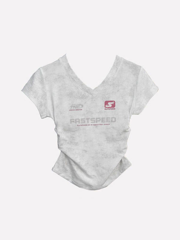 Tie-Dye Print Ruched V Neck Short Sleeve Tee