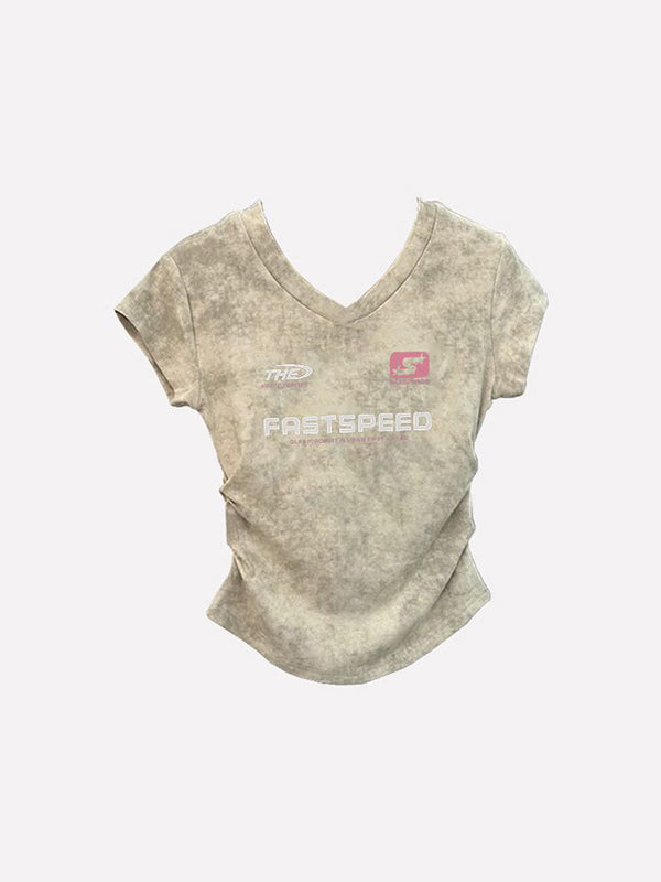Tie-Dye Print Ruched V Neck Short Sleeve Tee
