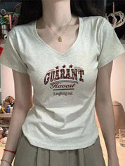 V Neck Letter Print Short Sleeve Tee