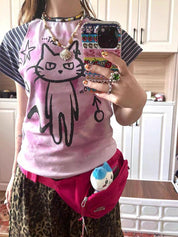 Patchwork Stripe Grey Purple Short Sleeve