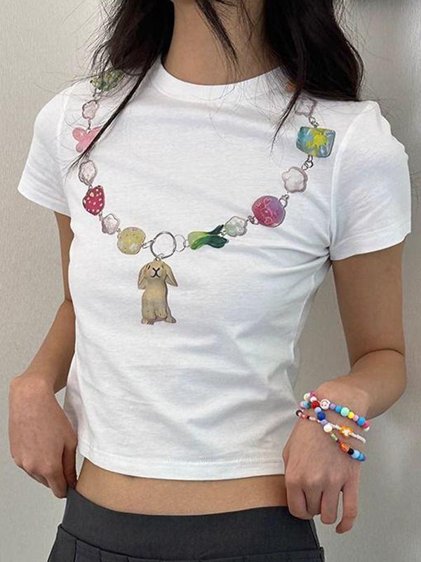 Beaded Necklace Print Short Sleeve