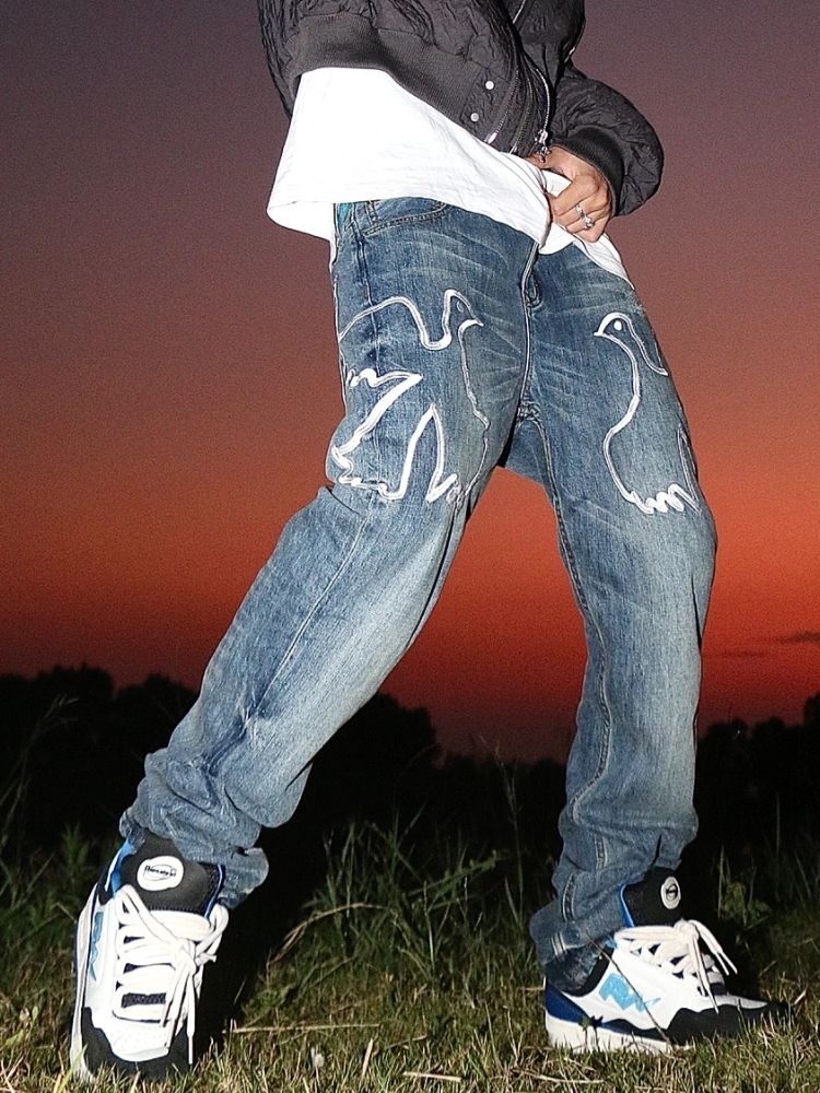 Floral Print Loose Straight Jeans