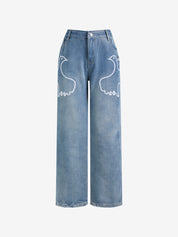 Floral Print Loose Straight Jeans