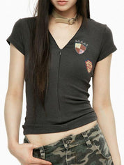 V-Neck Zip Short Sleeve