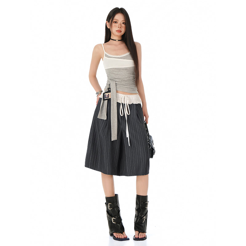 Striped Ruffled Hem Drawstring Straight Wide Leg Shorts