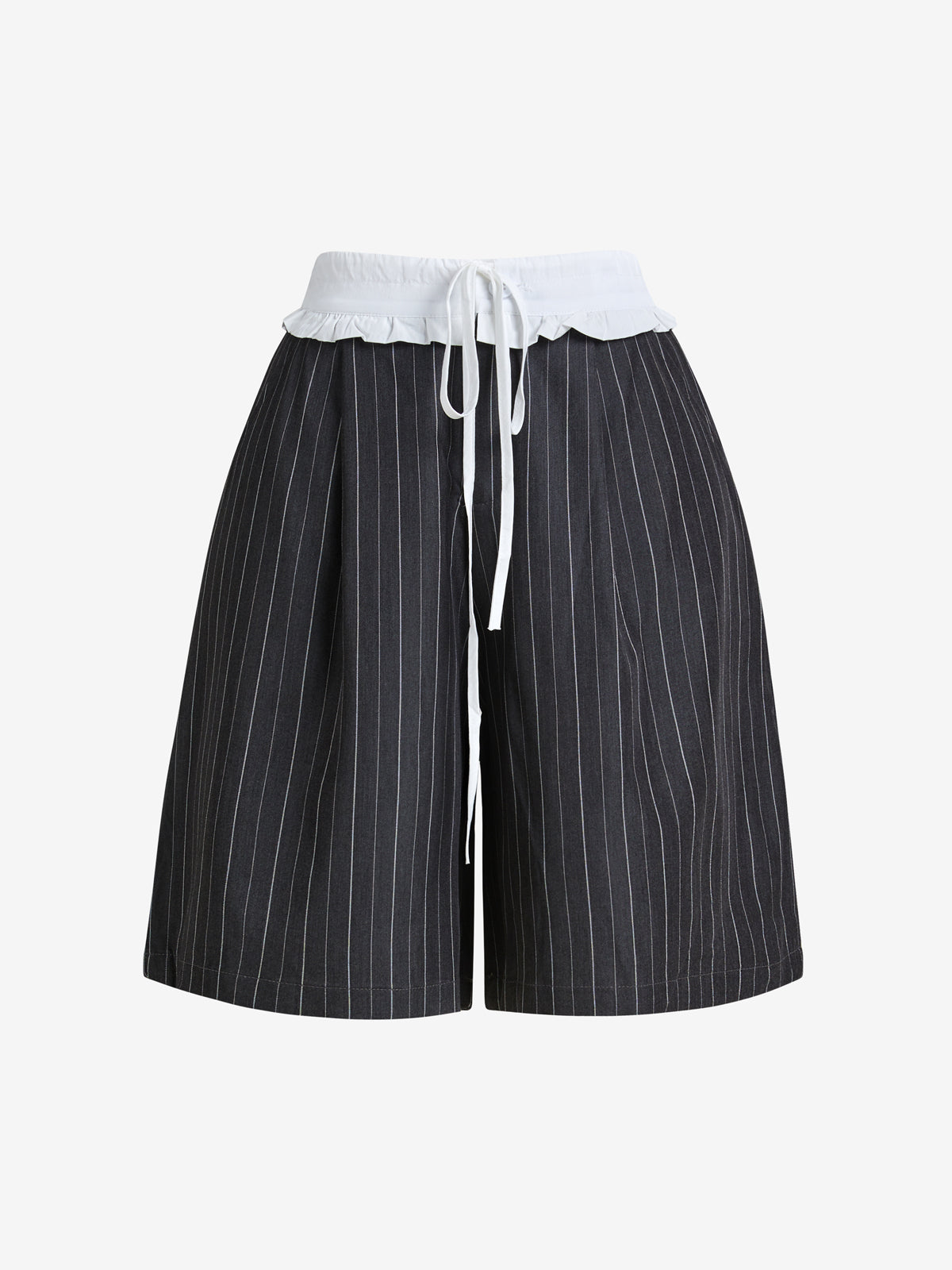 Striped Ruffled Hem Drawstring Straight Wide Leg Shorts