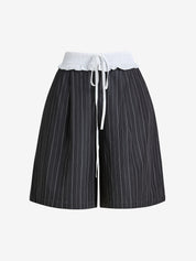 Striped Ruffled Hem Drawstring Straight Wide Leg Shorts