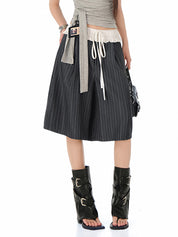 Striped Ruffled Hem Drawstring Straight Wide Leg Shorts